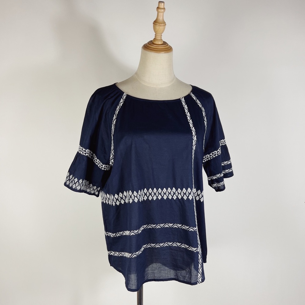 JOIE Shoffie Top Embroidered Navy White Cotton Womens Large